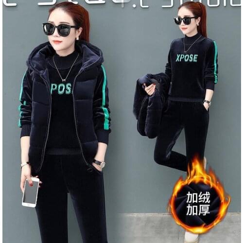 Winter Thickened Velvet Tracksuit Women Double-Sided Velour Casual Sweatsuit Hooded Waistcoat Loose Three Piece Set Loungewear