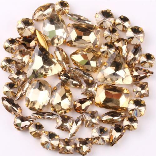 Gold claw setting 50pcs/bag shapes mix Lt topaz glass crystal sew on rhinestone wedding dress shoes bags diy trim
