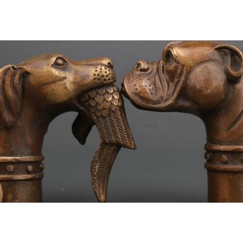 2 Bronze Dog Head Handle Crutch Dog Head Preying Statue Walking Stick Cane Head