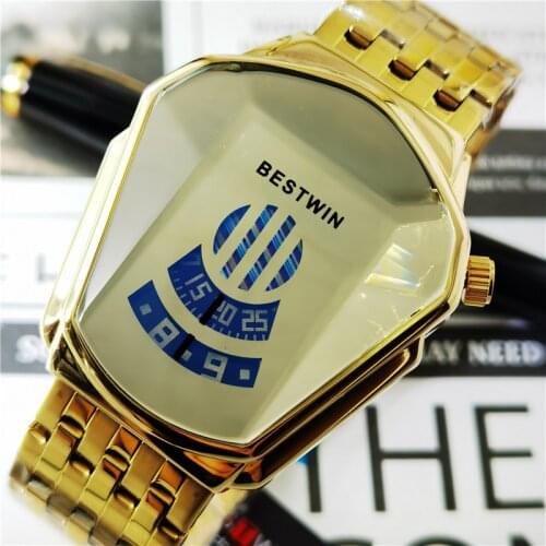 BESTWIN Fashion Cool Locomotive Mens Quartz Watches Top Brand Luxury Wristwatch Men Waterproof Geometric Shape Relogio Masculino