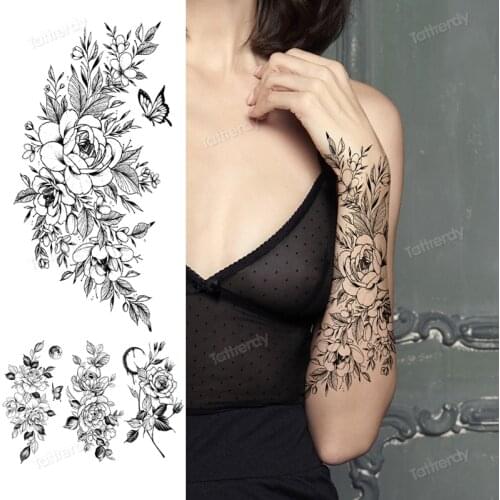 Flower temporary tattoo armband sleeve fake tattoo for woman sketch flowers rose peony sunflower womens tattoos waterproof