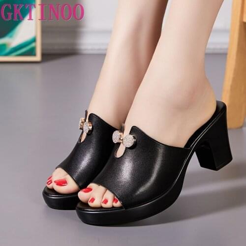 GKTINOO Women Slippers 2020 Ladies Summer Slippers Genuine Leather Shoes Women High Heels Fashion Rhinestone Summer Shoes