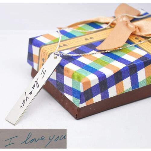 Engraved Handwriting Name Tag 925 Solid Silver Vertical Necklace Personalized Signature Memory Jewelry Box Chain Bday Gift