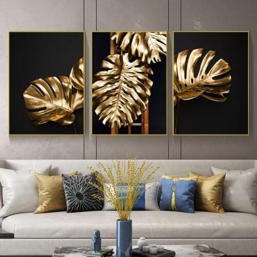 RELIABLI ART Golden Leaf Canvas Painting Plant Posters Home Decoration Black Abstract Prints Wall Art Pictures for Living Room