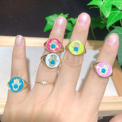 5Pcs Fashion Jewelry CZ Colorful Enameled Eyes Ring Gold Plated Zircon Palm Shaped Resizable Rings