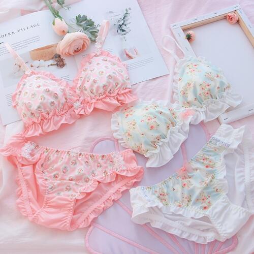 Soft Sister Floral Print Lace Ruffle Trim Underwear Set Japanese Fresh Bra & Panties Set Wirefree Intimates Set Kawaii Lolita