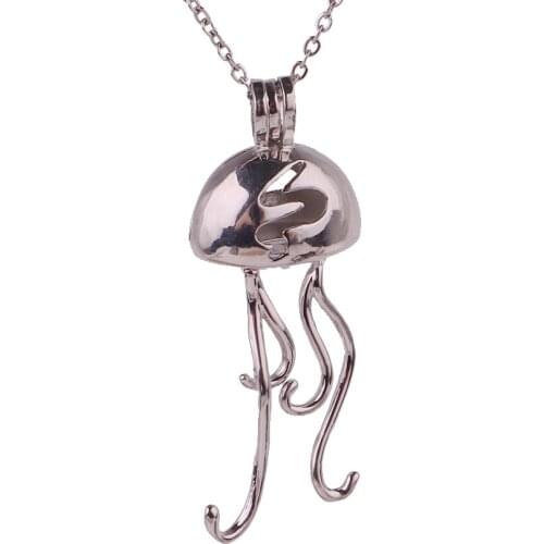 K1670 Dull Silver copper Jellyfish ocean Bead Pearl Cage Aroma Essential Oil Diffuser Locket Necklace with stainless steel chain