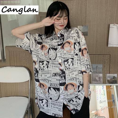 Summer Blouse for Women Ladies Girl Button Up Shirt Japanese Anime One Piece Monkey D Luffy Manga Clothing Harajuku Clothes Top