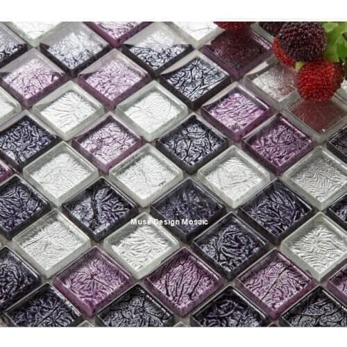 11 tablets Mystery Purple White Foil Crystal Glass Mosaic Tile for Kitchen backsplash Bathroom DIY Showroom Cabinet wall tile