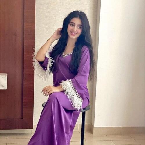 Muslim Modest Clothing 2021 Hot Fashion New Long Sleeve Feather Cuffs V-Neck Pearl Neckline Elegant Purple Leisure Muslim Robes