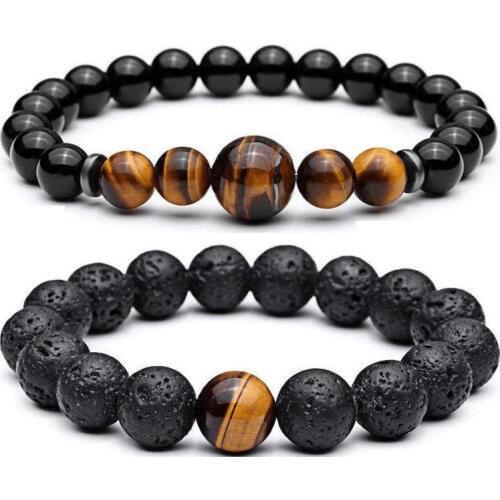 Fashion Healing Nature Stone Mens Beaded Bracelets Set 12mm Tiger Eye & Lava Rock Beads Bracelet Bangle for Women Men Jewelry