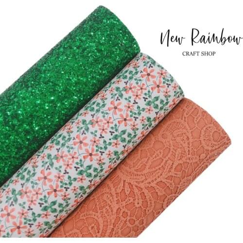 New Rainbow 22x30cm/A4 Green & Orange Raster Flowers Bundle Faux Leather For Hair Bows, Baby Shoes, Purses, Crafts, DIY Handmade