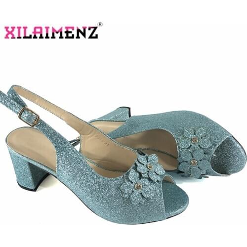 Sky Blue Color 2019 Hot Selling Mature Nigerian Women Shoes for Wedding Party High Quality Shinning Crystal with Appliques