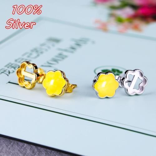 8*8mm 925 Sterling Silver Color Gold Plated Earrings Blank Inlaid Amber Turquoise Ear Stud