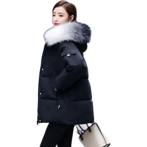 Down Cotton Female Coat Mid Long Student Winter Clothes Thicken Cotton Clothes Big Fur Collar Loose Ladies Jacket Bread Service