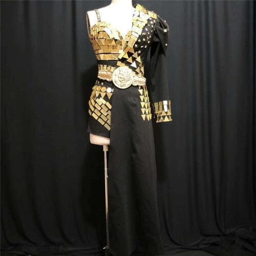 R52 Gold mirror stage costumes ballroom dance catwalk dress bodysuit party host wears outfits dj clothes female jumpsuit disco