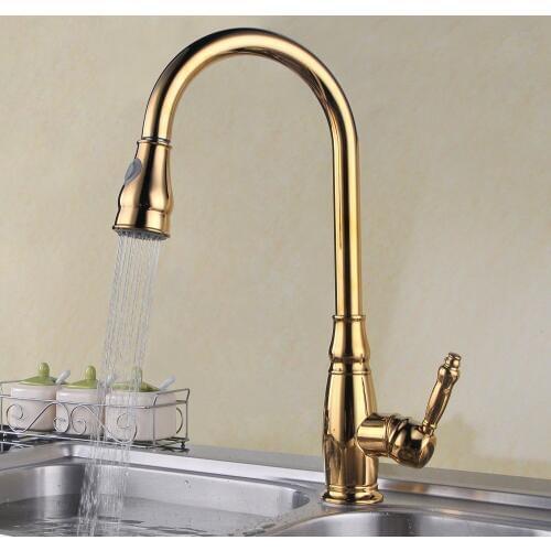 Luxury Titanium Gold brass Single Handle High Arc Kitchen Sink Faucet Golden mixer tap with Pull-Out Sprayer and Swivel Spout