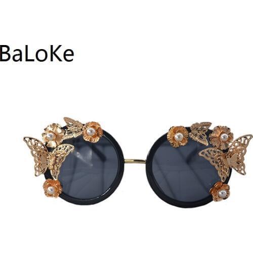 Vintage Retro Sunglasses Women Brand Black Frame Baroque Retro Sunglass Charm Sun Beach Metal Gold Butterfly Flower Sunglass