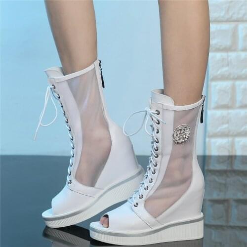 Platform Oxfords Women Genuine Leather Wedges High Heel Motorcycle Boots Female High Top Open Toe Fashion Sneakers Casual Shoes