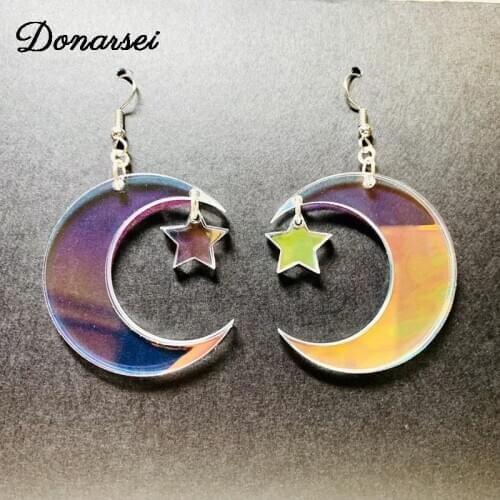 Donarsei Fashion Laser Moon Star Earrings For Women Minimalist Transparent Reflective Crescent Drop Earrings Nightclub Jewelry