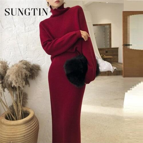 Sungtin Spring 2 Piece Knitted Set Women Turtleneck Sweater Pullover & Elastic High Waist Skirt Female Soft Warm Elegant OL Suit
