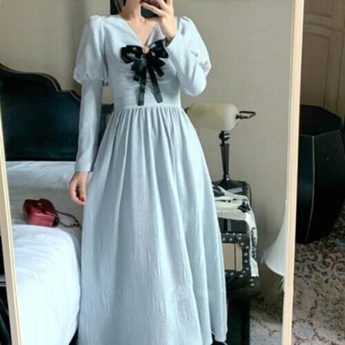 French Chic Bow V-Neck Midi Dress Women One-Piece Puff Sleeve Midi Long Dresses Sweet Retro Korean 2020 Autumn Dresses Robe Lady