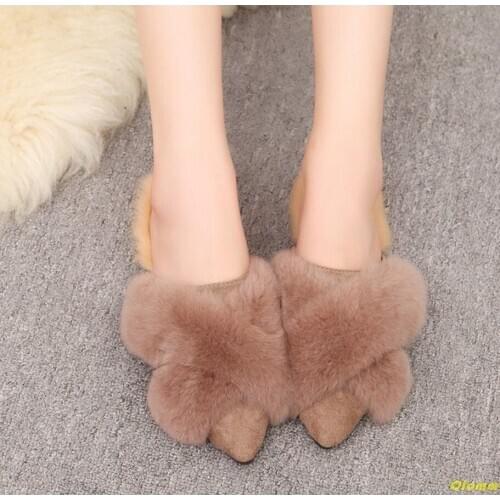 Winter Women House Furry Slippers Fashion Faux Fur Warm Shoes Women Slip on Flats Female Home Slides Black Plush Slippers