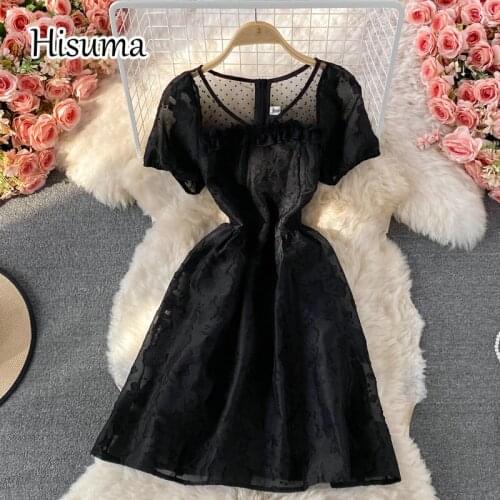 2021 summer new womens chic V-neck puff sleeve Jacquard stitching mesh party dresses female retro A-line dress