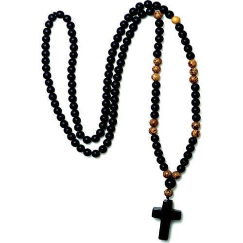6MM Black stone Wood Beads with black stone cross Pendant Mens Rosary Necklace chain about 70CM Mens Mala jewelry