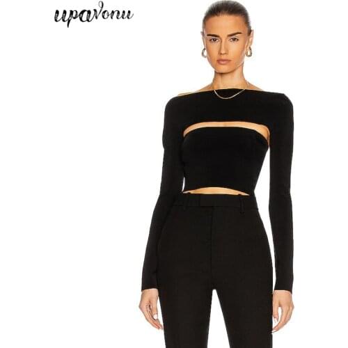 Free Shipping Sexy Hedging Bandage Tops 2021 New Womens Shoulder Long Sleeve Bodycon Hollow Short Top Club Party Top