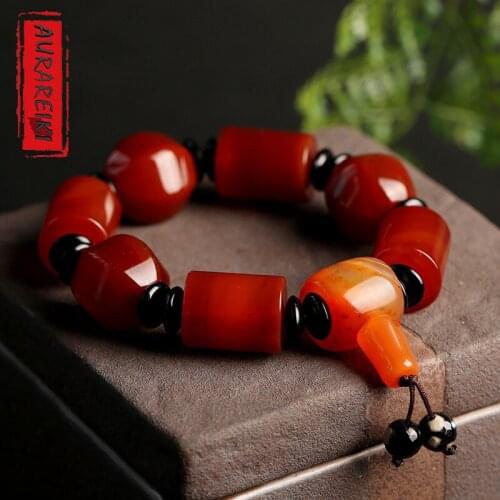Natural Red Agate Barrel Beads Bracelet Mens Tibetan Buddhist Agate Bracelet Beads Jewelry Tantric Dzi Agate Bracelet