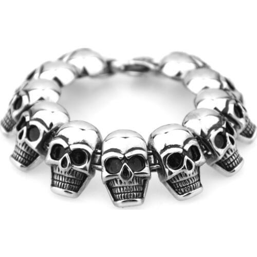 Hip hop Stainless Steel Mens Skeleton Skull Head bracelets Big Huge Heavy Solid Ghost bangle motorcycle Biker Punk Jewerly