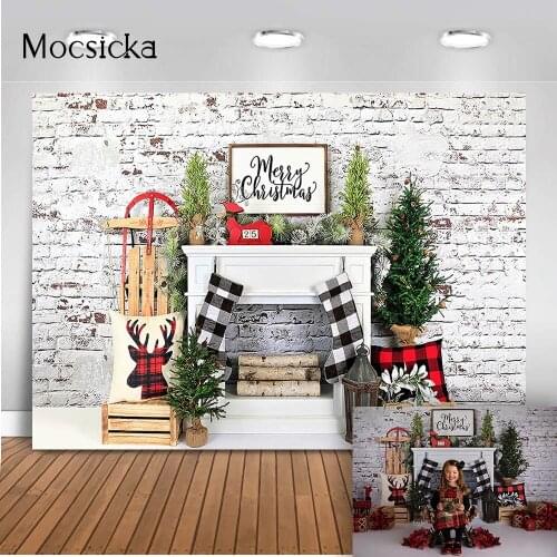 Christmas fireplace rustic brick wall background for photo studio Christmas tree white fireplace kids birthday portrait backdrop