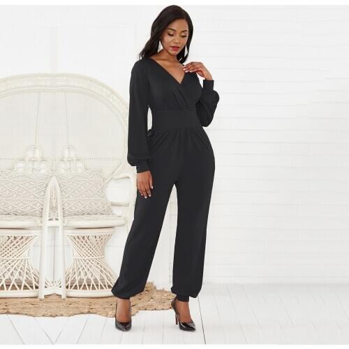 Black Elegant High Waist Women Jumpsuit Autumn Casual Clothes Office Ladies Lantern Long Sleeve Loose Red Green Female Overalls