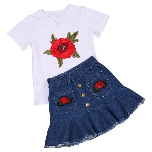 Children Baby Girls Clothes Set Fashion Rose Embroidery Flower Short Sleeve Top + Denim Skirts Two Piece Kids Clothing 1-7 Years