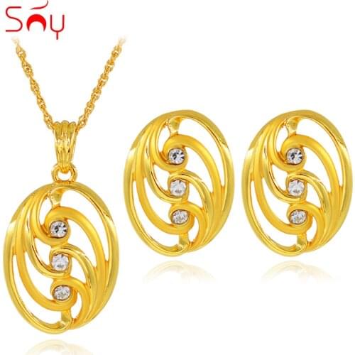 Sunny Jewelry Classic Round Jewelry Sets For Women Necklace Earrings Pendant Cubic Zirconia Dubai Jewelry Sets For Anniversary