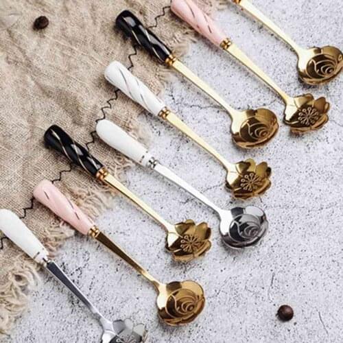Spoon Coffee Milk Stirring Spoon With Ceramic Handle Gold-plated Dessert Spoon Tableware