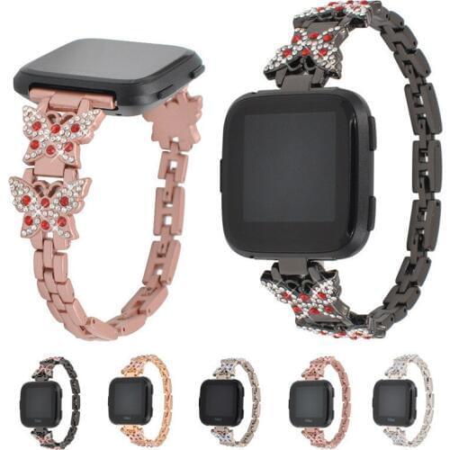 Metal Stainless Steel Band For Fitbit Versa Rhinestone Strap Wrist Loop Butterfly Bracelet Lady Wristband Smart Accessories