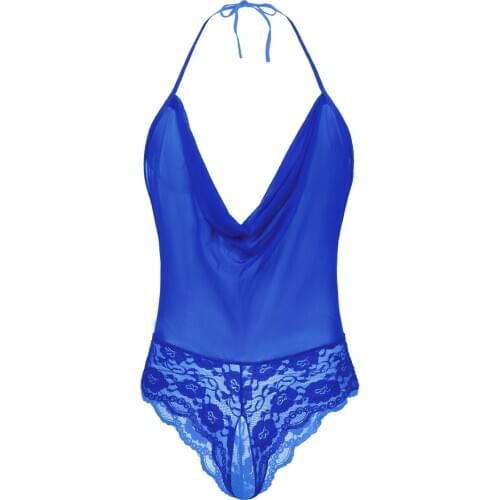 Mens Erotic Lingerie Bodysuit One-piece Halter Lace-up Babydoll Mesh See-through Open Crotch Bodystocking Sleepwear Nightwear