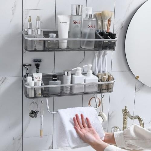 Wall-Mounted Triangle Storage Rack Bathroom Shelf With Towel Bar Hooks Organizer For Bath Household Items Bathroom Accessories