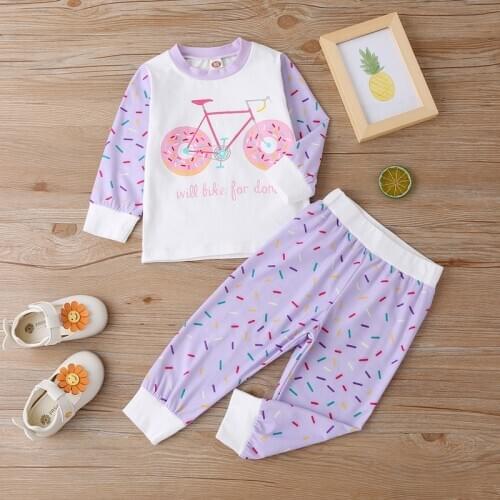 New Fall Winter Baby Girl Clothes Sport 2 Pcs Set Casual Purple Bicycle Donuts Patchwork Long Sleeve T-shirt Tops+trousers 0-18M