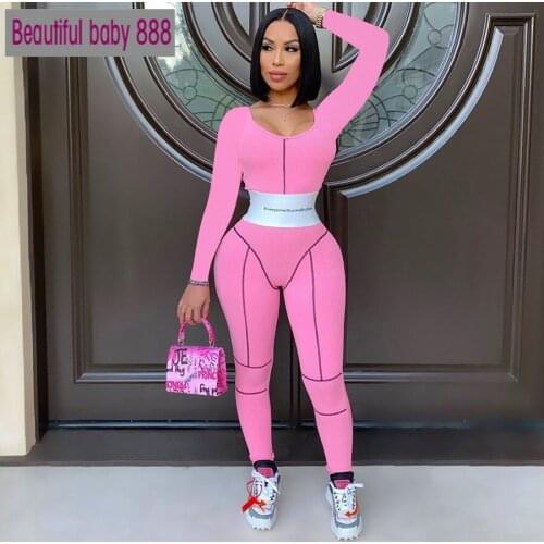 Meqeiss New Bodycon Patchwork Ribbing Letter Print Jumpsuit Striped Street Activity Fitness Overalls Women Backless Club Rompers