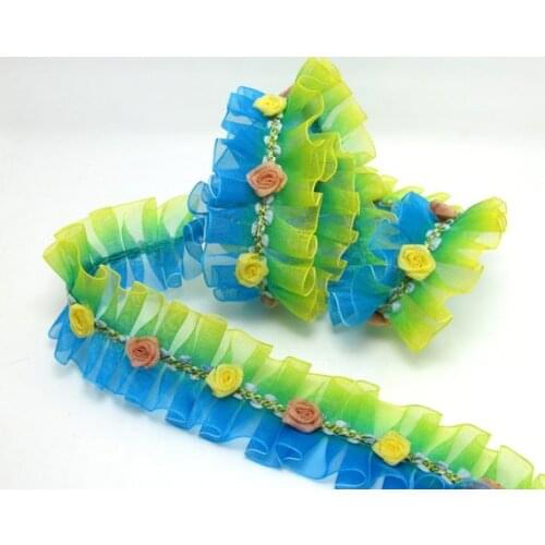 Pleated Trim|w Rococo Flower Trim|1 1/2 Inches Pleated Ombre Printed Chiffon Trim|Organza Chiffon Trim|Retro Handmade Supplies