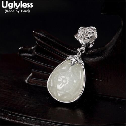 Uglyless Real Solid 925 Sterling Silver Handmade Plum Blossom Pendants for Women Water Drop Jade Necklaces NO Chains Thai Silver