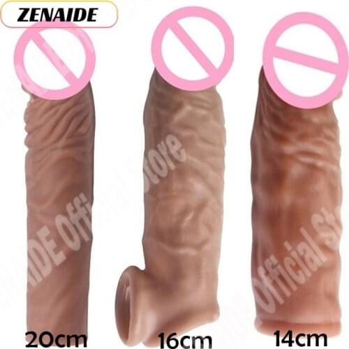 14/16/20cm Realistic Penis Sleeve Extender G-spot Delay Ejaculation Dick Enlargement Sex Toys For Men Penis Enlarger Cock Rings