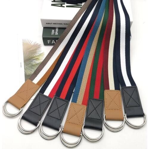 Punk Strip Canvas Belt Unisex Double Ring D Buckle Jeans men Belt fashion women belt Student Waistband Super Long waist belt