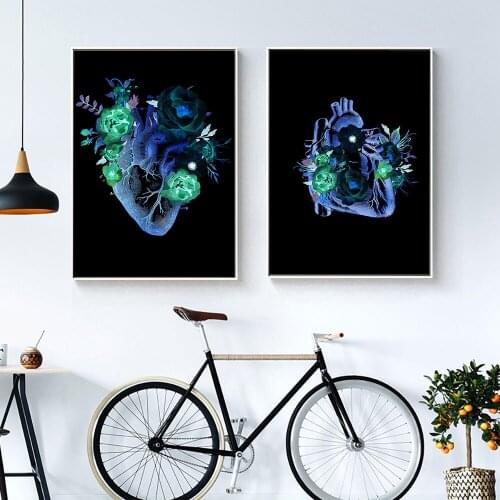 Self-adhesive Wall Sticker Heart Anatomy Poster on The Wall with Flower Black Background Wall Art Wall Painting Home Decoration
