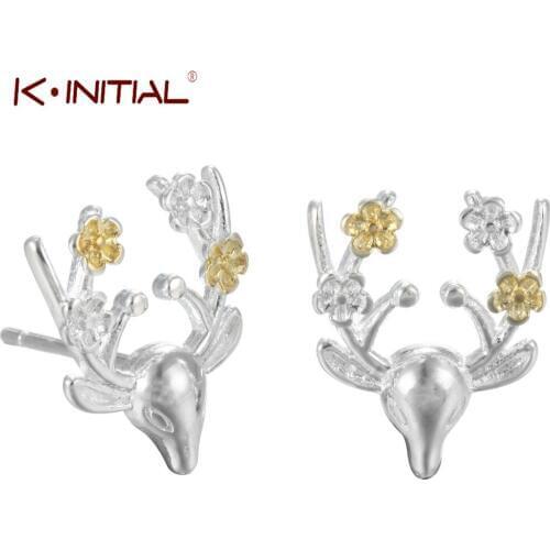Kinitial Flower Deer brincos Antler Animal Piercing Stud Earrings for Women Girls Party Charms Gift Statement Jewelry oorbellen