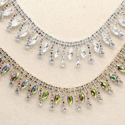 Rhinestone Chain 10Yards Bridal Sew On Dress Applique AB Tassel Fringe Crystal Rhinestone Wedding Supply Craft Trim