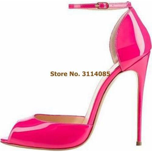 Young Girls Fuchsia Pink Patent Leather 12cm High Heel Shoes Peetp Toe Wrapped Heel Ankle Buckle Strap Wedding Shoes Heels